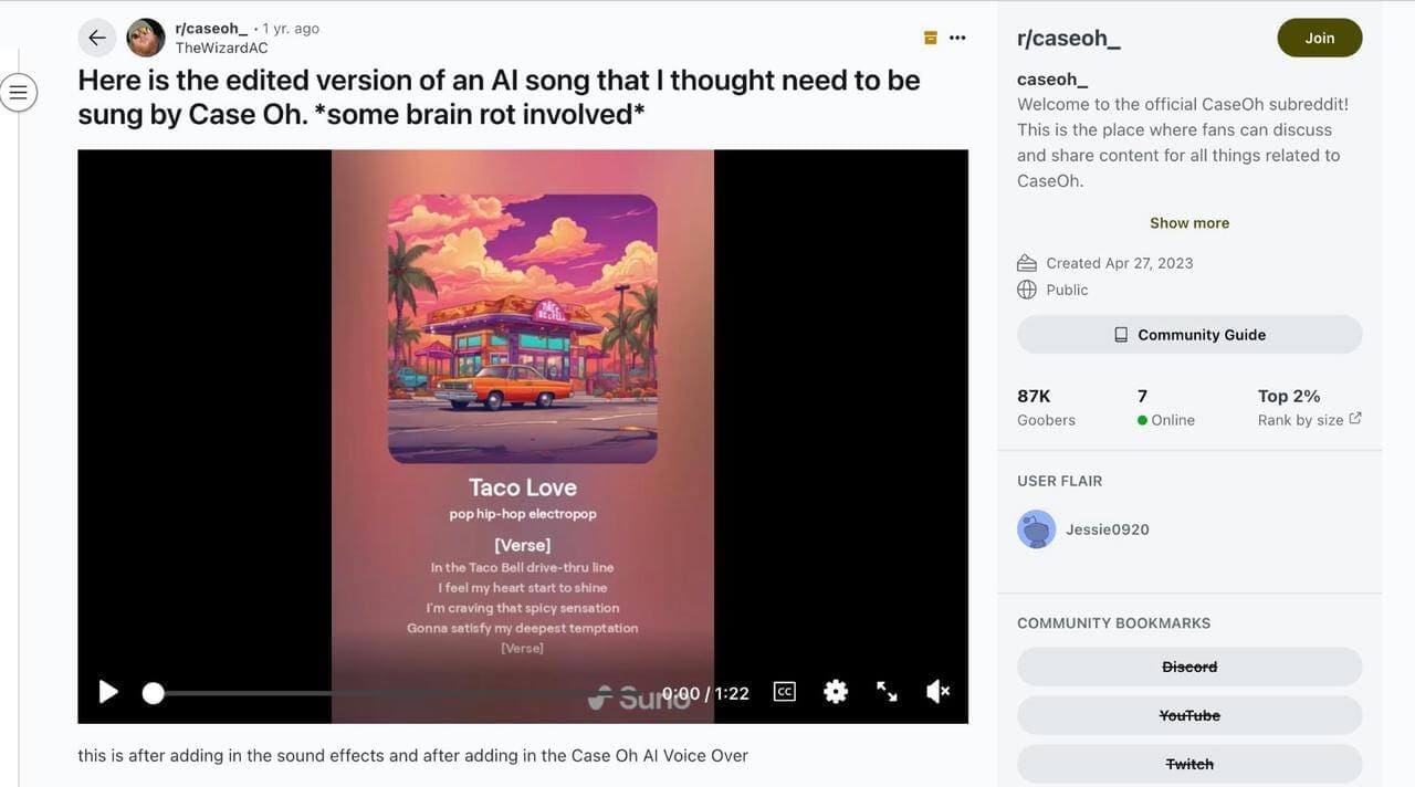 Letras de canción IA de Caseoh en reddit